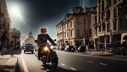 Tuinposter cat biker rides a motorcycle in a sunny city, cat motorcyclist © velimir
