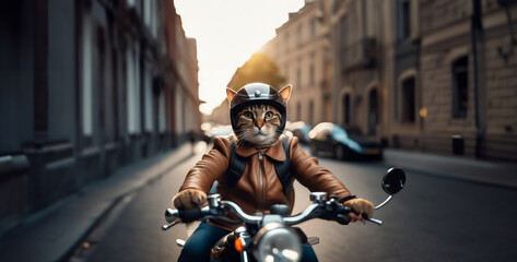 cat biker rides a motorcycle in a sunny city, cat motorcyclist - obrazy, fototapety, plakaty