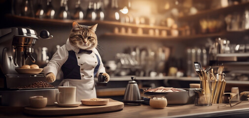 cat barista in a coffee shop in a barista uniform, concept of work in a cafe coffee shop restaurant. - obrazy, fototapety, plakaty
