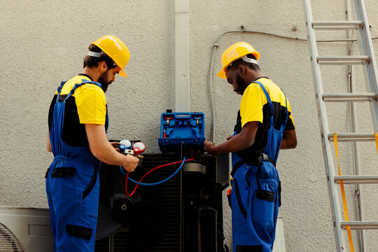 Professional workers fixing broken blower fan causing frozen evaporator coil, resulting in reduced cooling performance. Qualified electricians optimizing condenser capacity