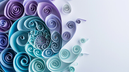 A mesmerizing, paper quilled spiral in a gradient of blues and purples, positioned in the upper left corner, providing a clear space on the right for marketing text.