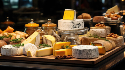 Fototapeta na wymiar showcase with different cheeses, Maasdam, Camembert, Parmesan, ricotta, Brie, Dor Blue, Gouda, Feta, Swiss, shop, restaurant, cheese factory, cheddar, dairy products
