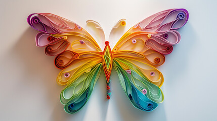 A vibrant paper quilling butterfly with intricate wings in a spectrum of colors, set against a soft, neutral background.