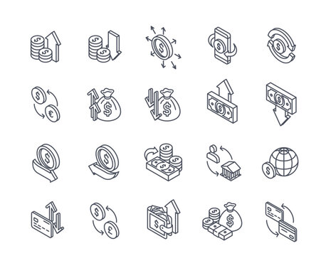 Set of Money flow Related Line Icons. Currency exchange, income growth, investing, payment for purchases, transaction and cash back. Outline simple vector collection isolated on white background