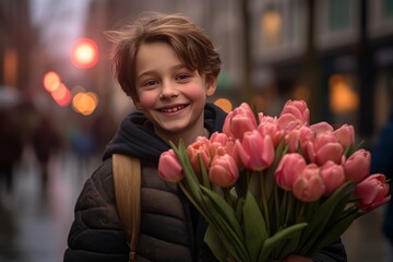 Fototapeta premium A boy smiling and holding a bouquet of pink tulips. The concept of March 8. Women's Day