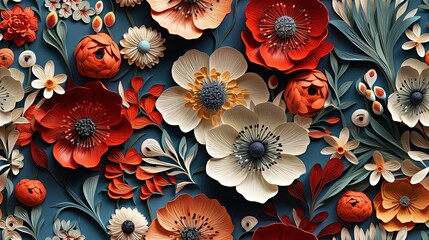 Seamless pattern of a 3D illustration featuring paper quilling of wildflower poppy floral, a floral paper filigree seamless pattern. 
