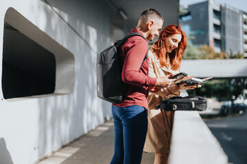 Business professionals collaborate in a bustling city, focusing on market research and innovative...