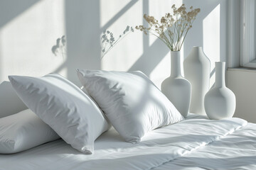 Serene Bedroom Decor: Sunlight Casting Shadows Over White Bedding and Vases