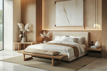 Fototapeta na wymiar Minimalist Chic Bedroom with Warm Neutral Palette and Organic Accents