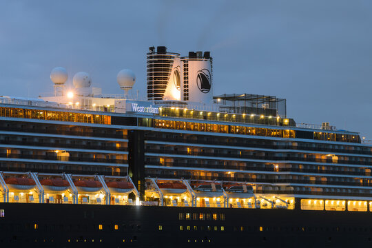 Seattle - September 17, 2023; Holland America Line cruise ship Westerdam with lights at dawn
