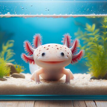 Smiling Axolotl in Aquarium - A charming, high-resolution image of a delightful axolotl grinning within the comfort of its aquatic home, illustrating the creature's endearing personality.