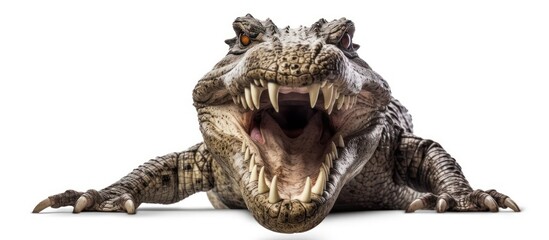 Big crocodile with open Mouth isolated white background. copy space - obrazy, fototapety, plakaty