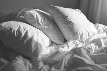 Literie, couette et oreiller. Linge de maison blanc, lit. H&ocirc;tellerie, chambre &agrave; coucher, int&eacute;rieur. Fond pour conception et cr&eacute;ation graphique.