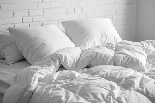 Literie, couette et oreiller. Linge de maison blanc, lit. H&ocirc;tellerie, chambre &agrave; coucher, int&eacute;rieur. Fond pour conception et cr&eacute;ation graphique.