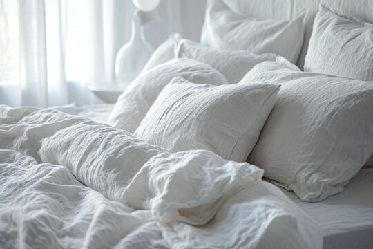 Literie, couette et oreiller. Linge de maison blanc, lit. H&ocirc;tellerie, chambre &agrave; coucher, int&eacute;rieur. Fond pour conception et cr&eacute;ation graphique.