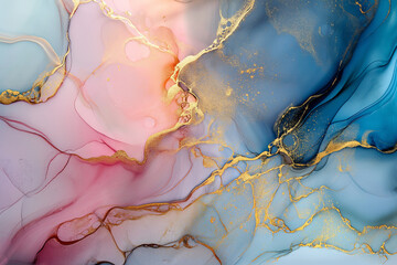 Colorful abstract fluid art painting in alcohol ink technique. Tender and dreamy wallpaper. Mixture of colors creating transparent waves and golden swirls. Generative AI