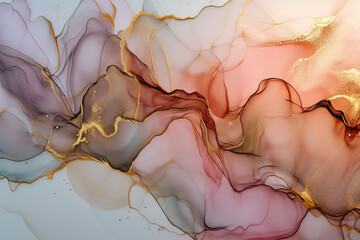 Luxury abstract fluid art painting in alcohol ink technique. Tender and dreamy wallpaper. Mixture of colors creating transparent waves and golden swirls. Generative AI