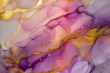 Natural luxury abstract fluid art painting in alcohol ink technique. Tender and dreamy wallpaper. Mixture of colors creating transparent waves and golden swirls. Generative AI