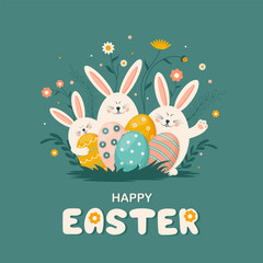 Happy Easter greeting card. Vector illustration with Easter bunnies, eggs and flowers on green background. Hand drawn design.