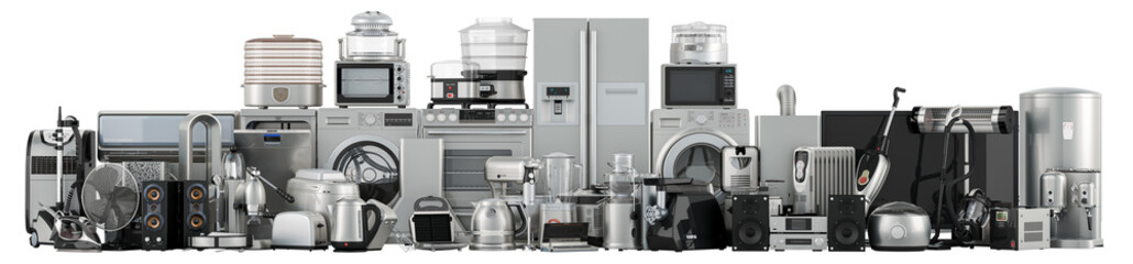 Kitchen and household appliances, silver color, 3D rendering isolated on transparent background