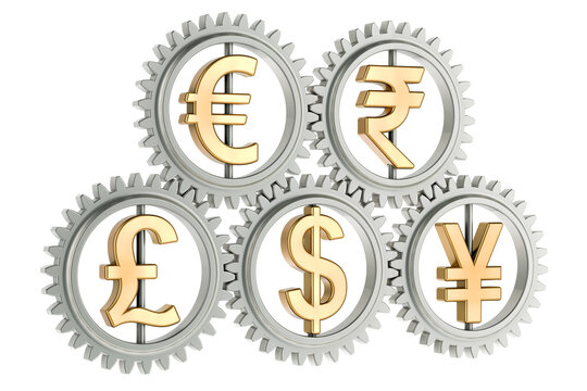 Currency gears, conversion and exchange of currencies, concept. 3D rendering isolated on transparent background