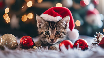 Obraz premium cute kitten playing with Christmas decorations