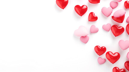 Heart-shaped balloons on a white background with space for text. Minimalism and symbolism. Concept of love and tenderness. Valentine's day background with red and pink hearts like balloons on white.
