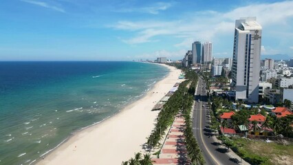 Aerial drone view of the beautiful beaches of Da Nang, Vietnam a popular tourist destination for beach goers 