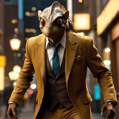 Lizard Wearing a Suit and Tie in City Anthropomorphic DOF Background