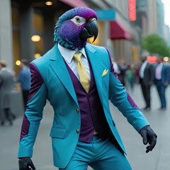 Parrot Wearing a Green  and Purple Suit and Yellow Tie on Street Anthropomorphic DOF Background