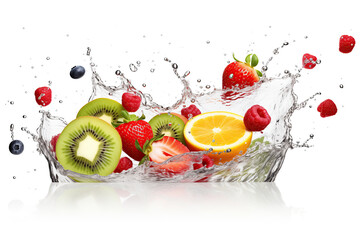A dynamic image capturing various fresh fruits including strawberries, kiwi slices, an orange slice, and blueberries amidst a lively splash of water. The fruits appear vibrant and fresh, making this i