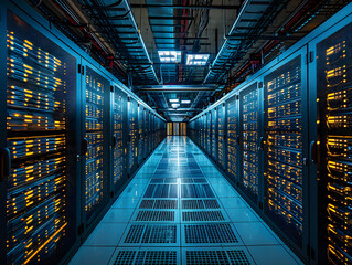 Data Center Corridor with Black Server Racks and Blinking Lights, Tech Infrastructure Concept - Digital World Power, Cybersecurity Importance, and Awe-Inspiring Technology Aesthetic - obrazy, fototapety, plakaty