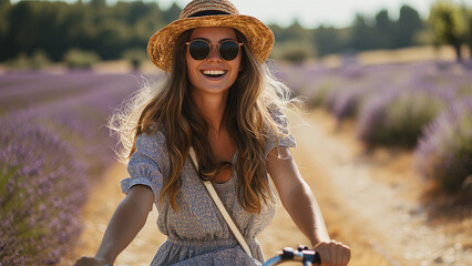 Happy woman in hat rides bike in european lavender fields