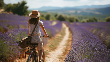 young woman rides bike through lavender fields in provence © Padirac