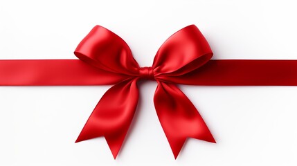 Red ribbon bow with long, straight ribbon for banner, isolated on white background with copy space