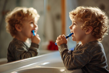 Little boy brushes his teeth in the bathroom in front of the mirror. - obrazy, fototapety, plakaty