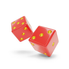 Two red dice with gold dots isolated on white background. 3d illustration.