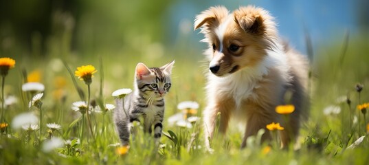 Naklejka na ściany i meble Kitten and dog playing on lawn in bright summer day with blurred background and copy space