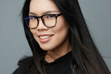 Background woman asian fashion smile beautiful studio portrait glasses cute student business