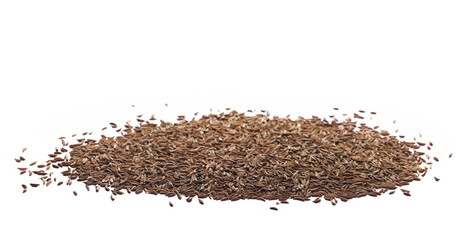 Pile of cumin, caraway seeds isolated on white, side view