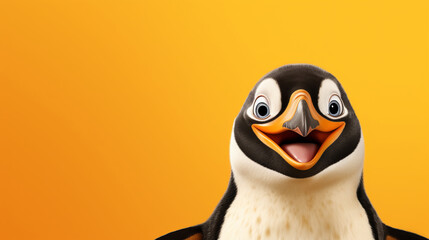 Lustiges Bild eines lachenden Pinguins auf gelbem Hintergrund. - obrazy, fototapety, plakaty