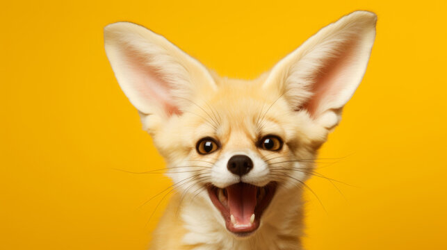 Lustiges Bild eines fröhlichen Fennek-Fuchses auf gelbem Hintergrund.