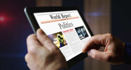 Fototapeta na wymiar Politics newspaper on mobile tablet screen
