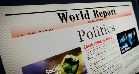 Politics newspaper on mobile tablet screen - obrazy, fototapety, plakaty