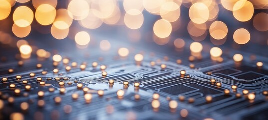 Blurred bokeh background with intricate circuitry and glowing components of a computer chip