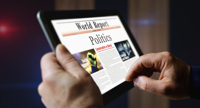 Politics newspaper on mobile tablet screen