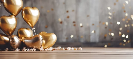 Foto op Canvas Festive metallic balloons with confetti on blurred background   holiday card with copy space © Ilja