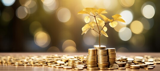 Golden tree of financial growth  blurred bokeh cityscape background with coins and banknotes - obrazy, fototapety, plakaty