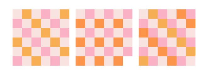 Checkerboard retro groovy background set. Geometric pastel square textures in vintage Y2K style. Hippie 70s patterns. Plaid pattern backgrounds. Pink and yellow colors.