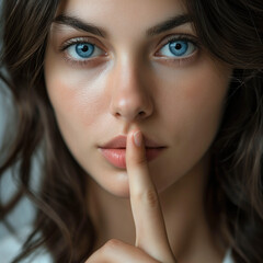 Naklejka premium Stock Image Photo Of Beautiful Woman Brunette Shushing with finger over lips - Shush girl